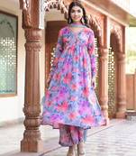 Floral Printed Mirror Embroidered Alia-Cut Gather Detail A-Line Kurta With Dupatta