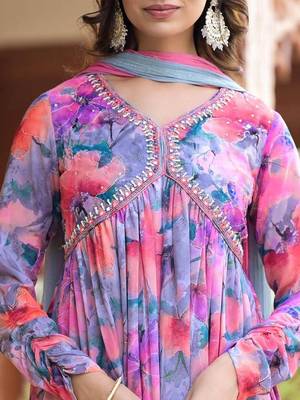 Floral Printed Mirror Embroidered Alia-Cut Gather Detail A-Line Kurta With Dupatta 2