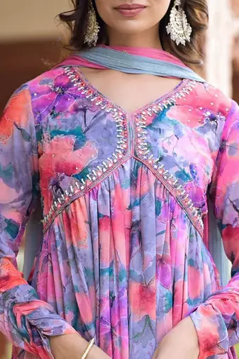 Floral Printed Mirror Embroidered Alia-Cut Gather Detail A-Line Kurta With Dupatta