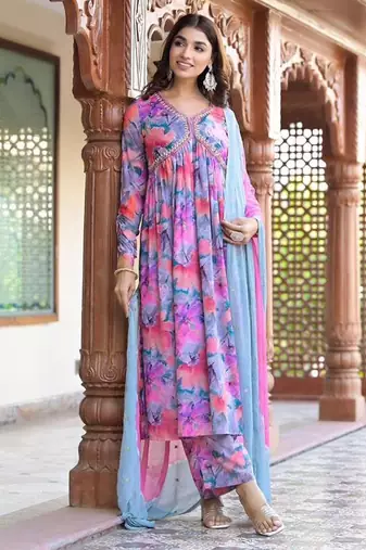 Floral Printed Mirror Embroidered Alia-Cut Gather Detail A-Line Kurta With Dupatta