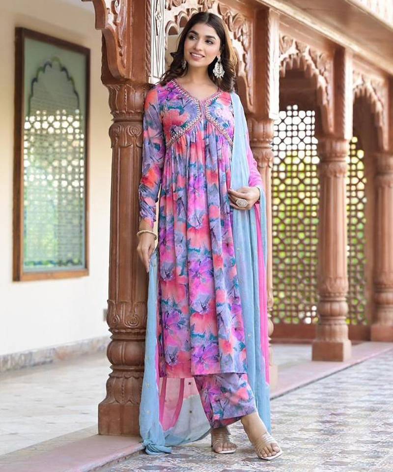 Floral Printed Mirror Embroidered Alia-Cut Gather Detail A-Line Kurta With Dupatta