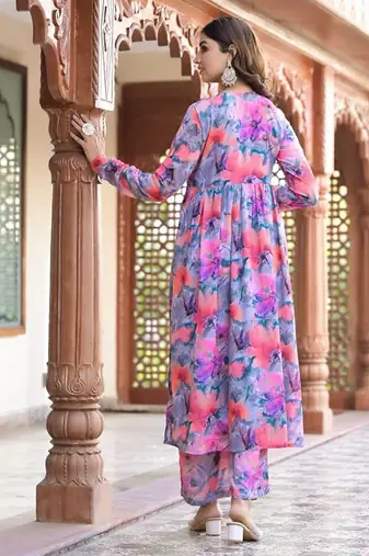 Floral Printed Mirror Embroidered Alia-Cut Gather Detail A-Line Kurta With Dupatta