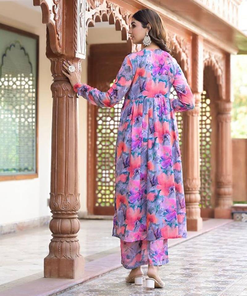 Floral Printed Mirror Embroidered Alia-Cut Gather Detail A-Line Kurta With Dupatta