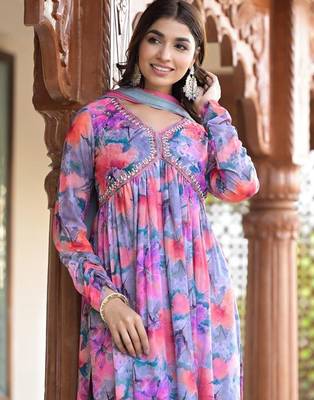 Floral Printed Mirror Embroidered Alia-Cut Gather Detail A-Line Kurta With Dupatta 5