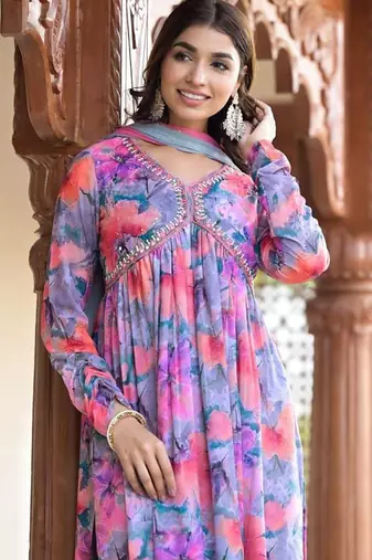 Floral Printed Mirror Embroidered Alia-Cut Gather Detail A-Line Kurta With Dupatta