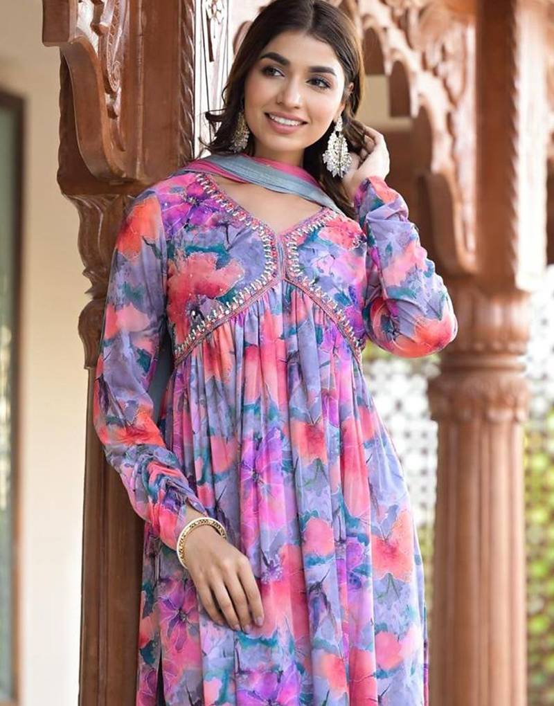 Floral Printed Mirror Embroidered Alia-Cut Gather Detail A-Line Kurta With Dupatta