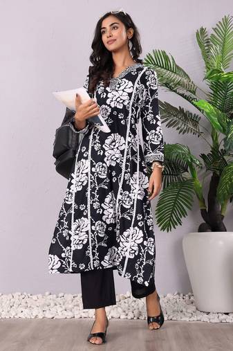 Floral Printed V-Neck Panelled Pure Cotton A-Line Kurta With Trouser