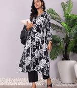 Floral Printed V-Neck Panelled Pure Cotton A-Line Kurta With Trouser