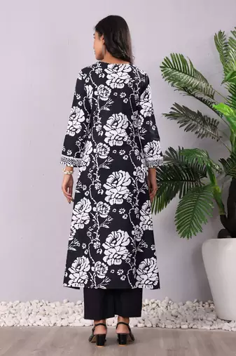 Floral Printed V-Neck Panelled Pure Cotton A-Line Kurta With Trouser