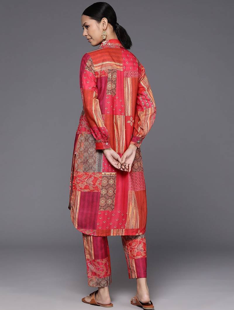Women Printed Shirt Collar Straight Kurta With Trousers