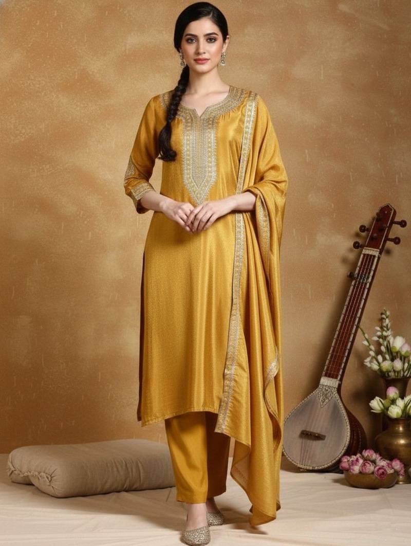 Women Ethnic Motifs Embroidered Regular Thread Work Kurta with Trousers & With Dupatta