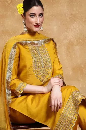 Women Ethnic Motifs Embroidered Regular Thread Work Kurta with Trousers & With Dupatta
