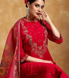 Floral Embroidered Mandarin Collar A-Line Kurta With Trousers & Dupatta