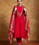 Floral Embroidered Mandarin Collar A-Line Kurta With Trousers & Dupatta