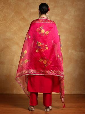 Floral Embroidered Mandarin Collar A-Line Kurta With Trousers & Dupatta 6