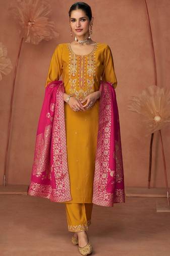 Floral Embroidered Zari Work Round Neck Straight Kurta With Trousers & Dupatta