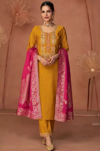 Floral Embroidered Zari Work Round Neck Straight Kurta With Trousers & Dupatta