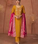 Floral Embroidered Zari Work Round Neck Straight Kurta With Trousers & Dupatta