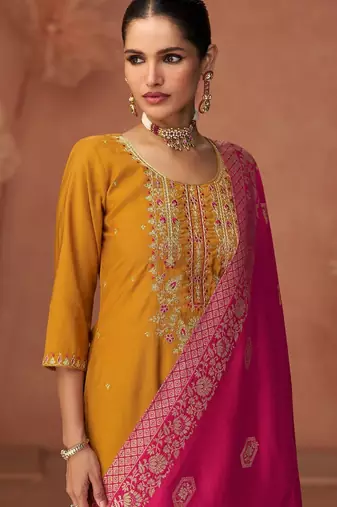 Floral Embroidered Zari Work Round Neck Straight Kurta With Trousers & Dupatta