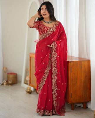 Red Heavy Fendy Silk BlendThread & Sequin Embroidered Saree With Fully Stitched Front & Back Work Designer Blouse 1