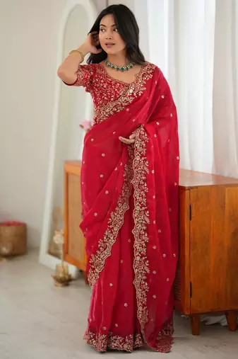 Red Heavy Fendy Silk BlendThread & Sequin Embroidered Saree With Fully Stitched Front & Back Work Designer Blouse