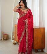 Red Heavy Fendy Silk BlendThread & Sequin Embroidered Saree With Fully Stitched Front & Back Work Designer Blouse