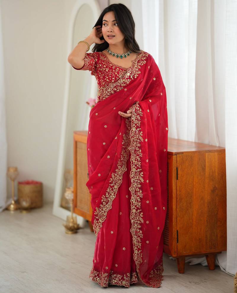Red Heavy Fendy Silk BlendThread & Sequin Embroidered Saree With Fully Stitched Front & Back Work Designer Blouse