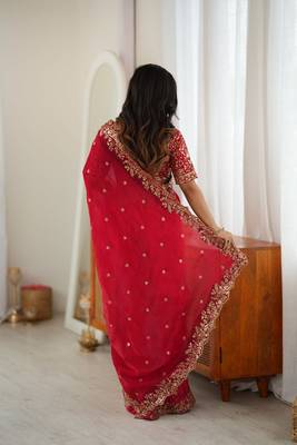 Red Heavy Fendy Silk BlendThread & Sequin Embroidered Saree With Fully Stitched Front & Back Work Designer Blouse 2