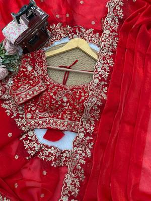 Red Heavy Fendy Silk BlendThread & Sequin Embroidered Saree With Fully Stitched Front & Back Work Designer Blouse 3