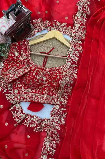 Red Heavy Fendy Silk BlendThread & Sequin Embroidered Saree With Fully Stitched Front & Back Work Designer Blouse