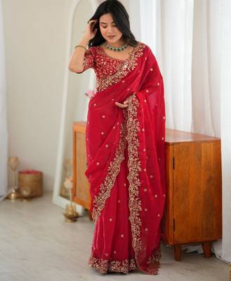 Red Heavy Fendy Silk BlendThread & Sequin Embroidered Saree With Fully Stitched Front & Back Work Designer Blouse 4