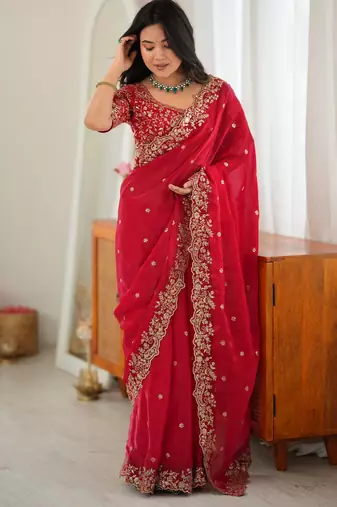 Red Heavy Fendy Silk BlendThread & Sequin Embroidered Saree With Fully Stitched Front & Back Work Designer Blouse