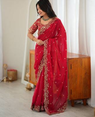 Red Heavy Fendy Silk BlendThread & Sequin Embroidered Saree With Fully Stitched Front & Back Work Designer Blouse 5