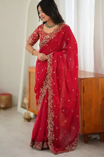 Red Heavy Fendy Silk BlendThread & Sequin Embroidered Saree With Fully Stitched Front & Back Work Designer Blouse