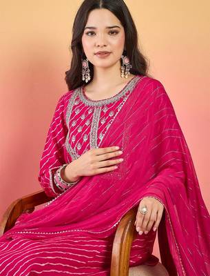 Leheriya Printed Thread Work Georgette Kurta With Trousers & Dupatta 2