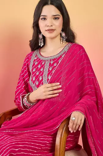 Leheriya Printed Thread Work Georgette Kurta With Trousers & Dupatta