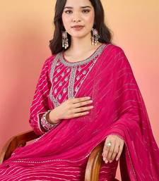 Leheriya Printed Thread Work Georgette Kurta With Trousers & Dupatta