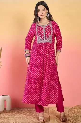 Leheriya Printed Thread Work Georgette Kurta With Trousers & Dupatta