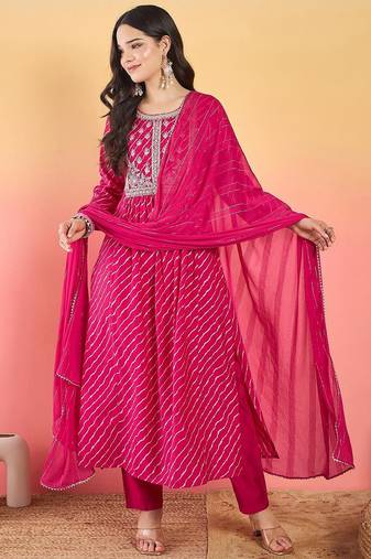 Leheriya Printed Thread Work Georgette Kurta With Trousers & Dupatta