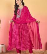 Leheriya Printed Thread Work Georgette Kurta With Trousers & Dupatta