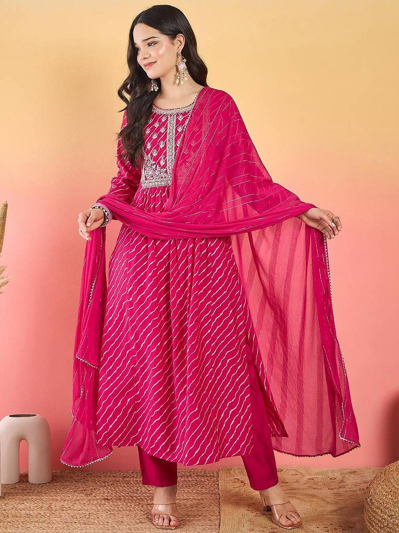 Leheriya Printed Thread Work Georgette Kurta With Trousers & Dupatta