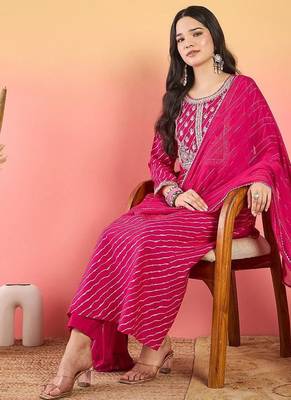 Leheriya Printed Thread Work Georgette Kurta With Trousers & Dupatta 4