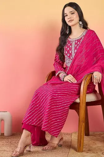 Leheriya Printed Thread Work Georgette Kurta With Trousers & Dupatta
