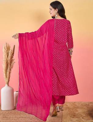 Leheriya Printed Thread Work Georgette Kurta With Trousers & Dupatta 5