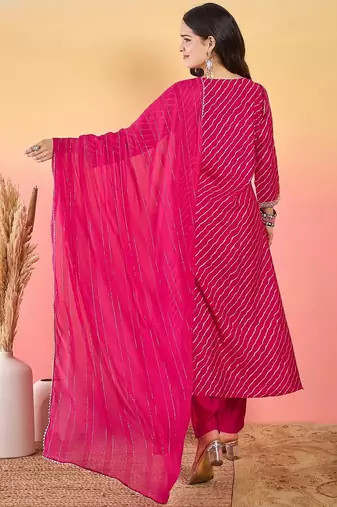 Leheriya Printed Thread Work Georgette Kurta With Trousers & Dupatta