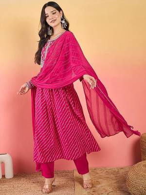Leheriya Printed Thread Work Georgette Kurta With Trousers & Dupatta 7