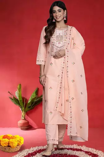Women Embroidered Regular Thread Work Pure Cotton Kurta with Trousers & Dupatta