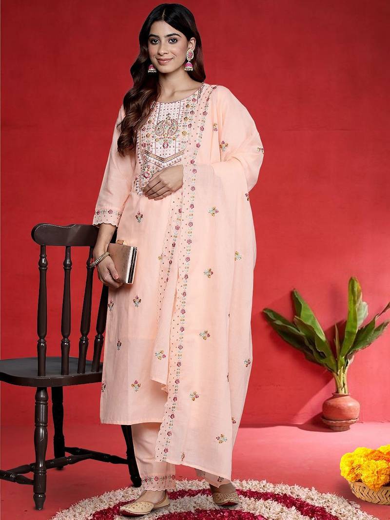 Women Embroidered Regular Thread Work Pure Cotton Kurta with Trousers & Dupatta