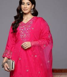 Floral Embroidered Thread Work Pure Cotton Kurta With Trousers & Dupatta