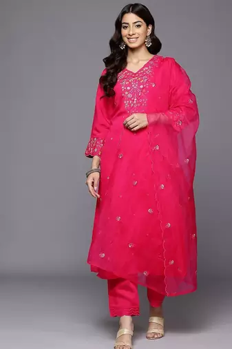 Floral Embroidered Thread Work Pure Cotton Kurta With Trousers & Dupatta